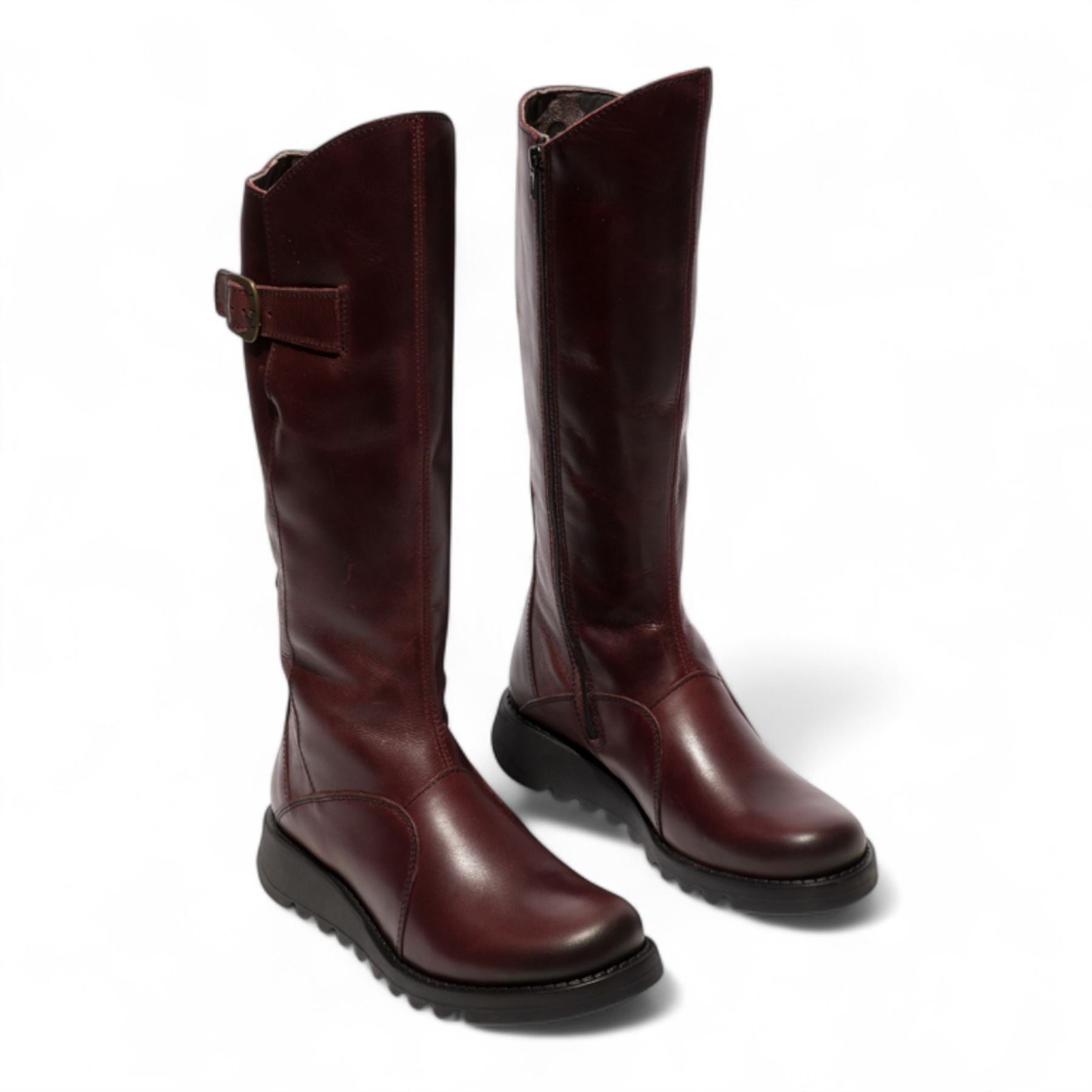 Fly London Womens Wine Burgundy MOL 2 Leather Wedge Heel Knee High Zip Up Boots