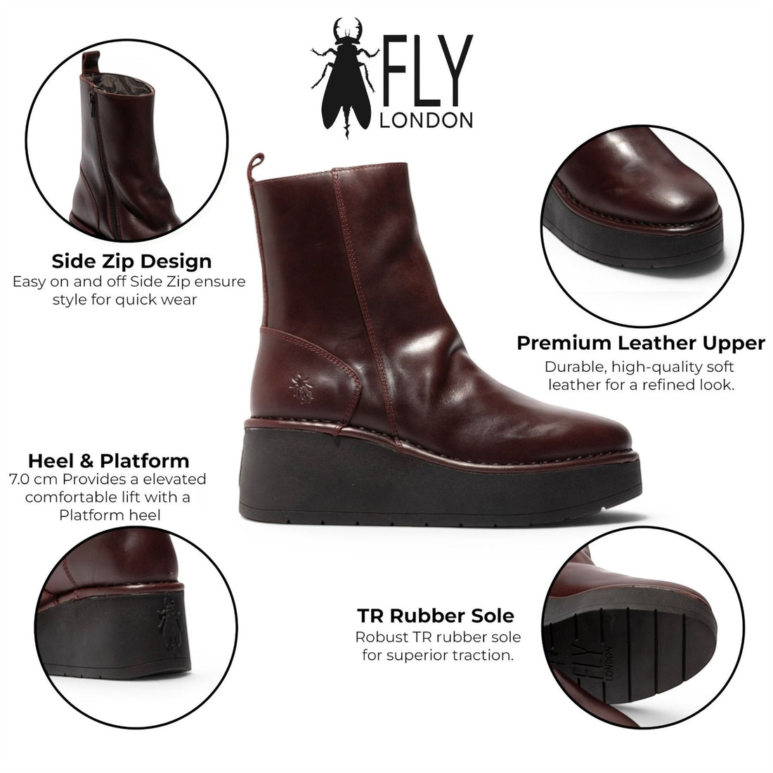 Fly London Women’s Wine Leather Wedge Heel Platform Ankle Boots - HEIJ272
