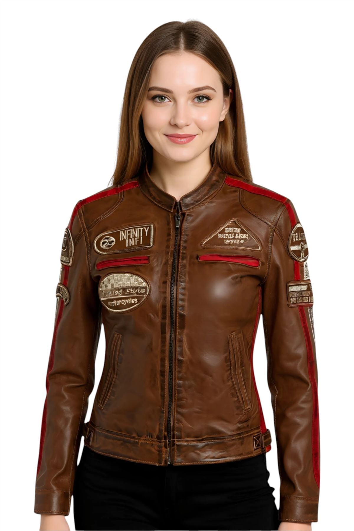 Womens Biker Racing Badges Leather Jacket-Eastleigh