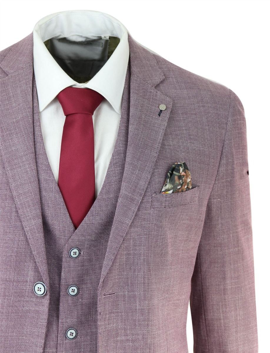 Mens 3 Piece Blush Pink Linen Summer Spring Classic Suit