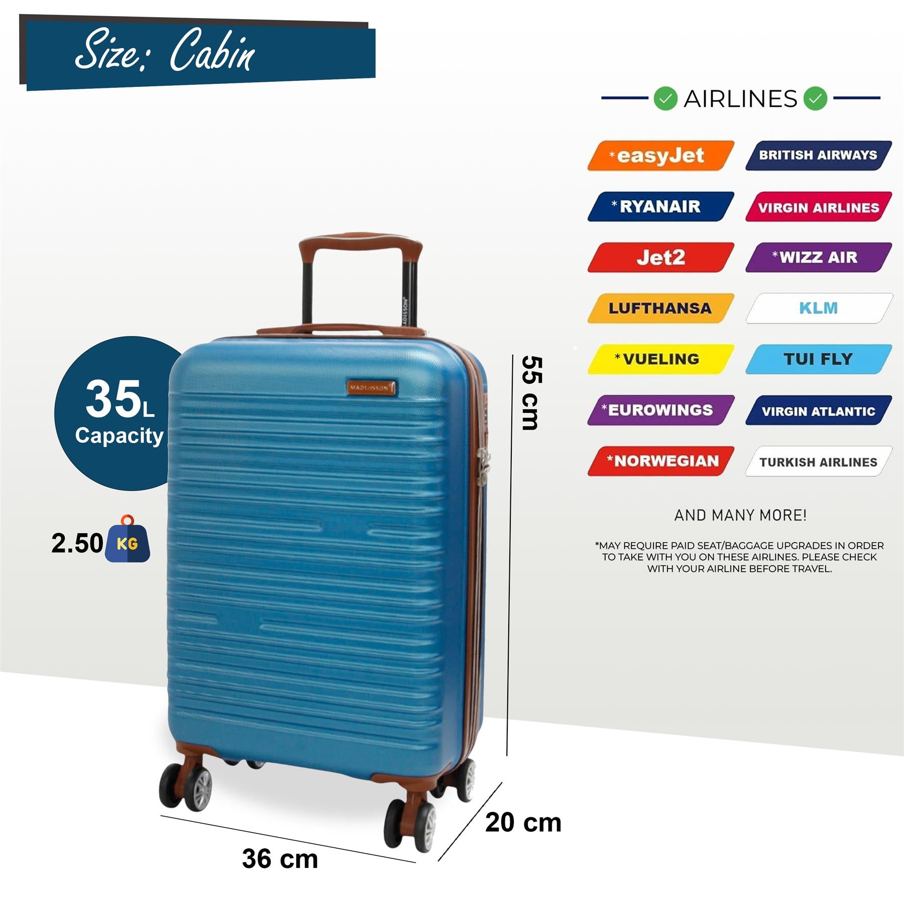 Expandable Blue Hard Shell ABS 8 Wheel Suitcase Robust Travel Case Holiday Luggage
