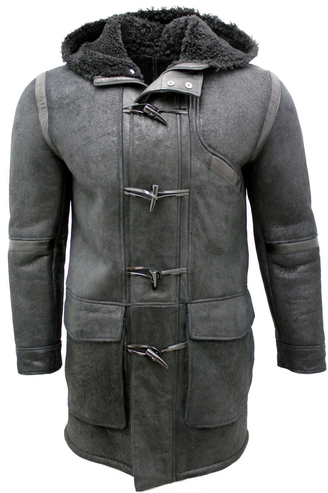Mens Sheepskin Leather Hooded Duffle Coat-Langport - Upperclass Fashions 