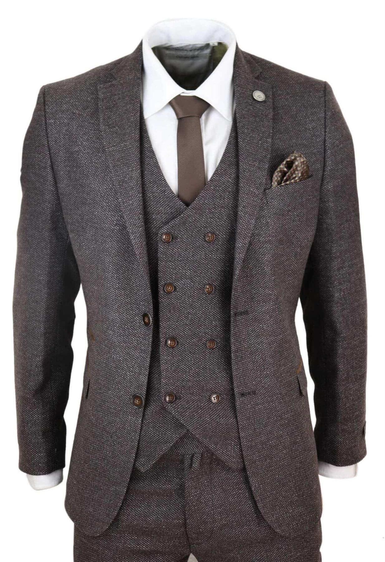 Mens Brown Wool 3 Piece Suit Double Breasted Tweed Peaky Blinders 1920