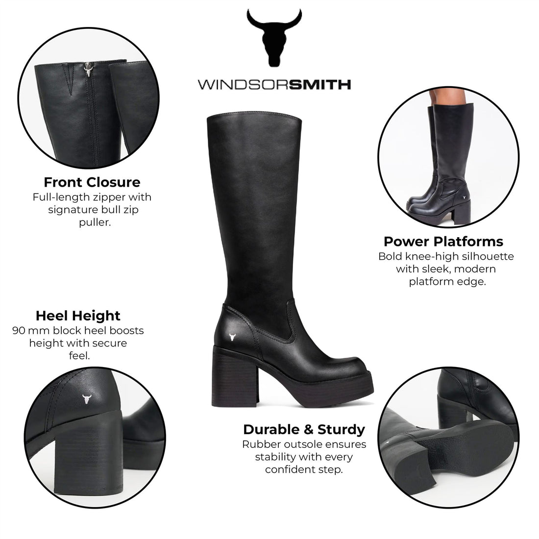 Windsorsmith Womens Black Faux Leather Knee-High Platform Heel Boots - Niche