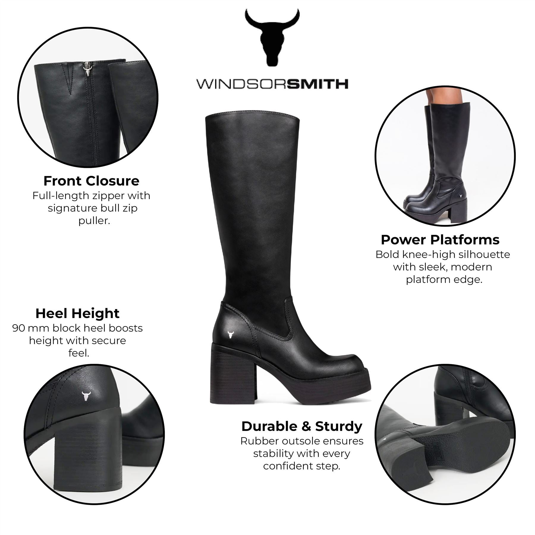 Windsorsmith Womens Black Faux Leather Knee-High Platform Heel Boots - Niche