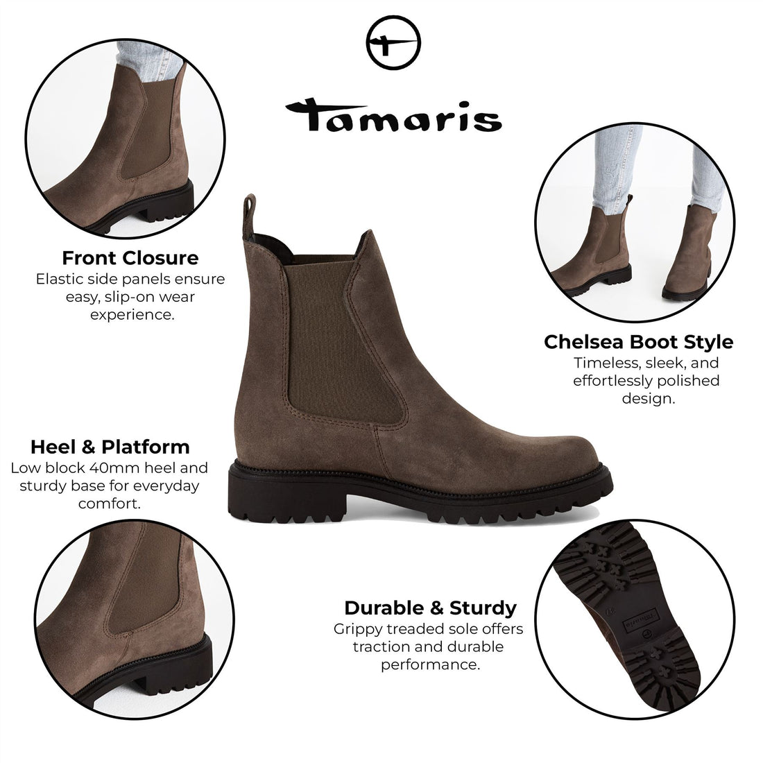 Tamaris Womens Taupe Brown Leather Classic High Chelsea Ankle Boots