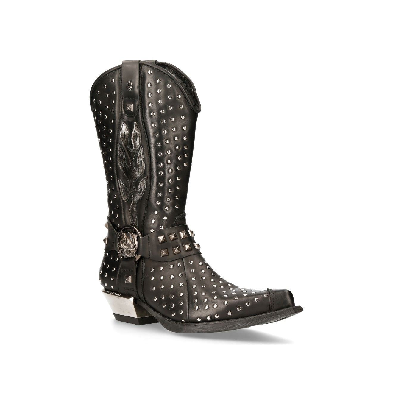 New Rock Black Leather Studded Cowboy Boots- M-7928-S1