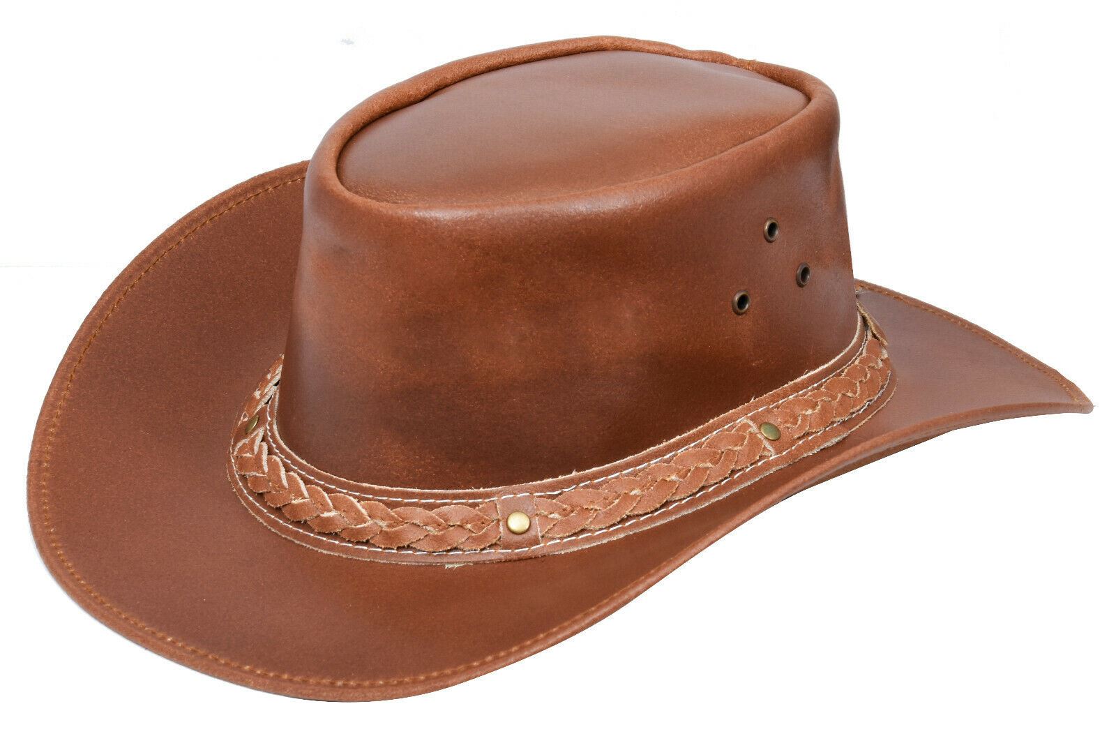 Australian Tan Western Style Cowboy Outback Real Leather Aussie Bush Hat
