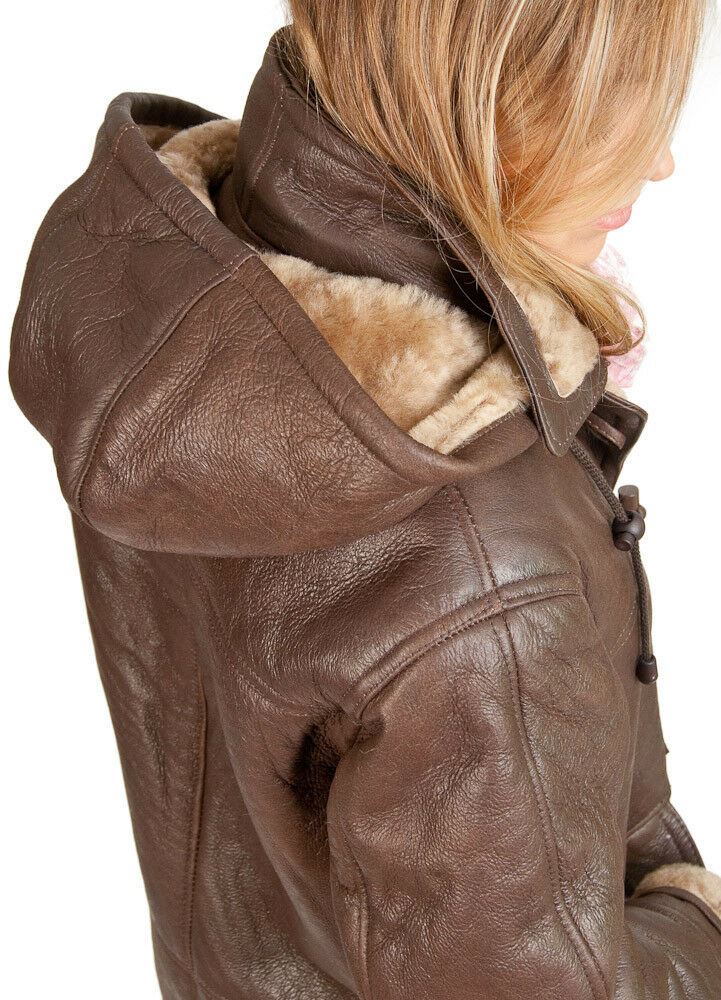 Womens Brown Shearling Hooded Duffle Coat-Rugby