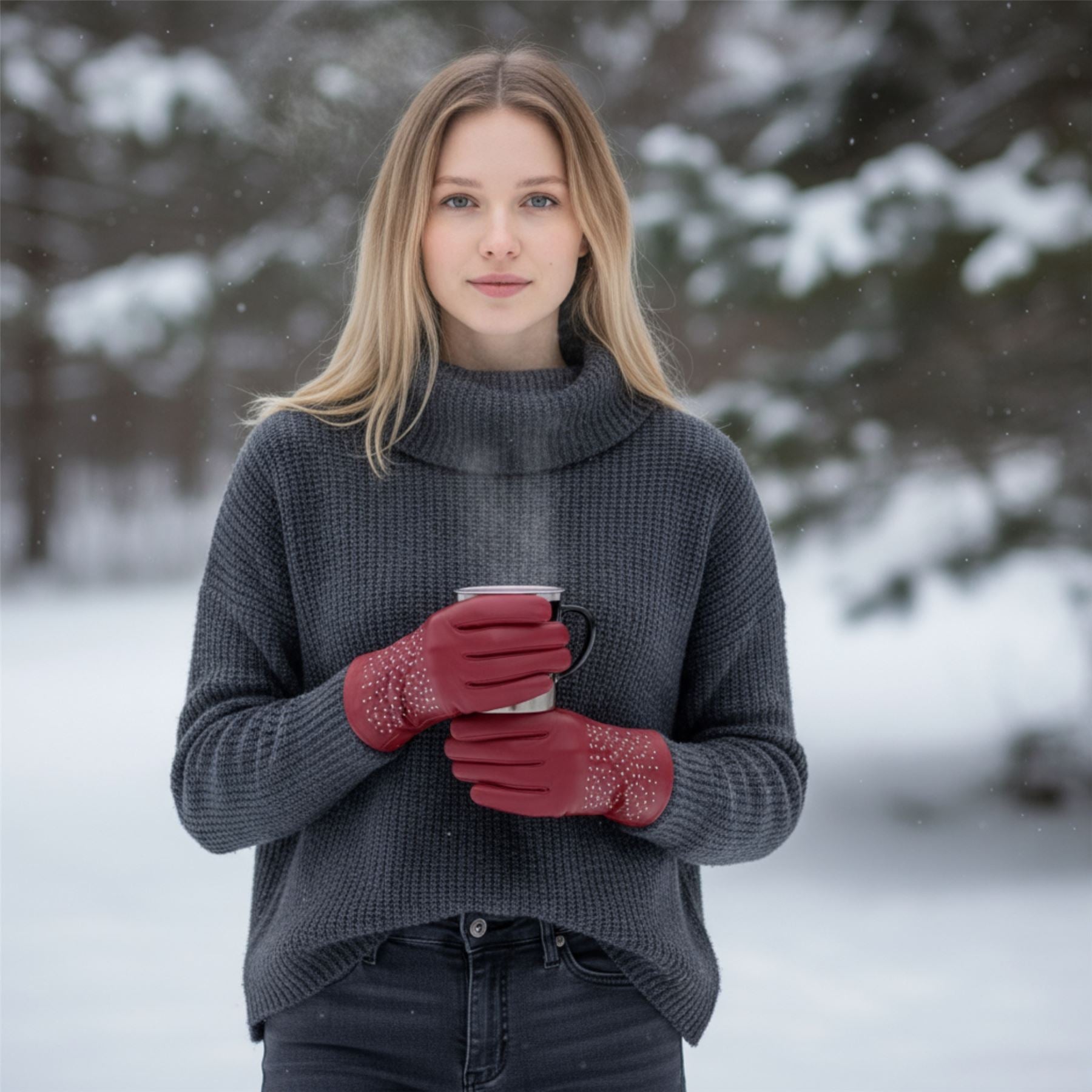 Womens Italian Leather Winter Studded Design Soft Wool Lining Gloves - L-GLV-601