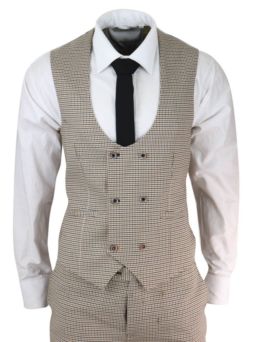 Mens 3 Piece Beige Check Retro Vintage Classic Suit