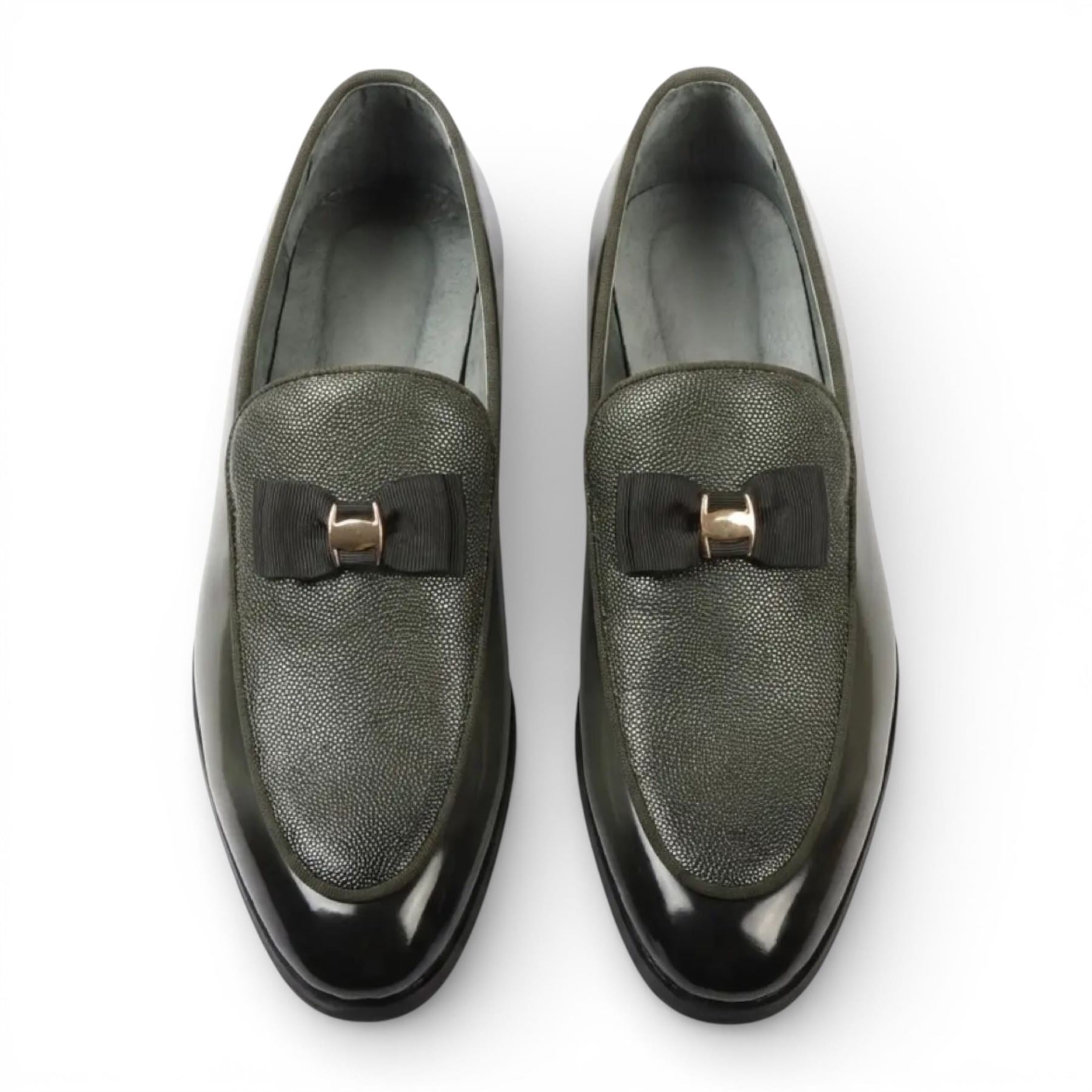 Mens Olive Green Textured Front Iconic Buckle Bow Loafers Shoes