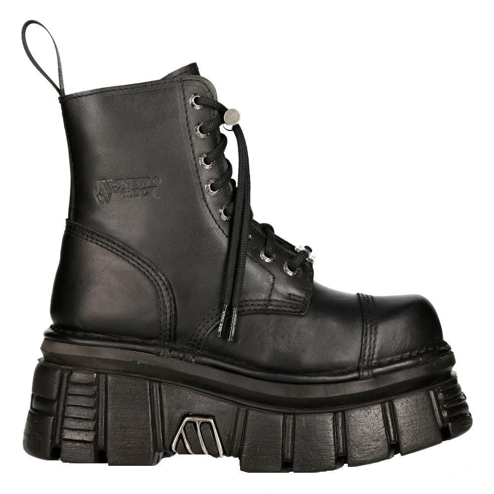New Rock Black Leather Combat Tower Boots- M-NEWMILI083-S21
