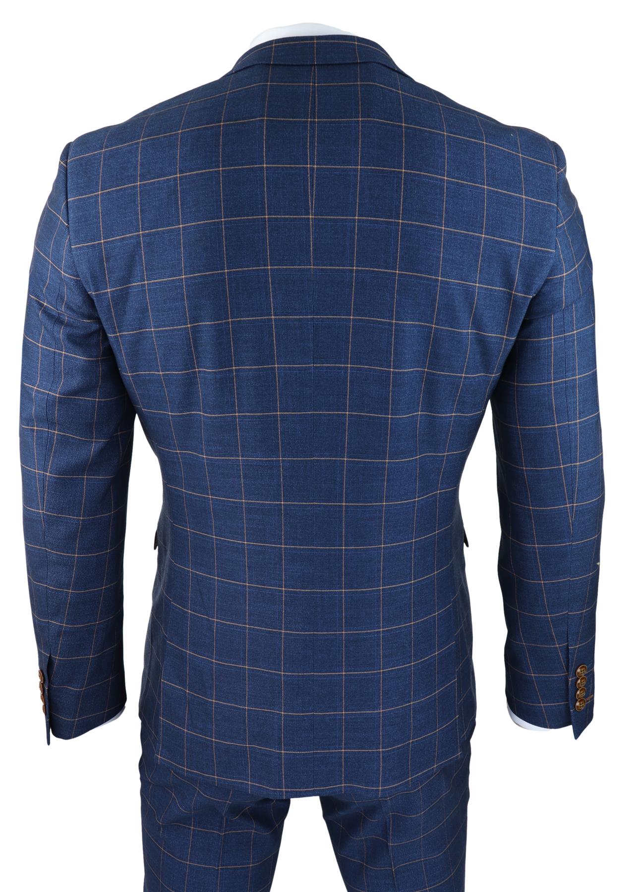Mens 3 Piece Suit Blue Gold Check Peaky Blinders 1920 Gatsby Smart Vintage Suit