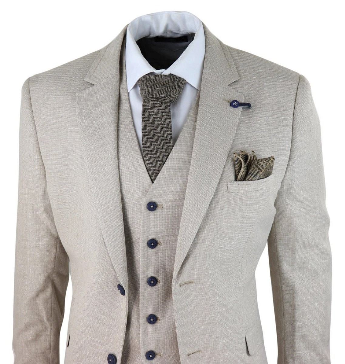 Mens 3 Piece Cream Linen Summer Spring Classic Suit