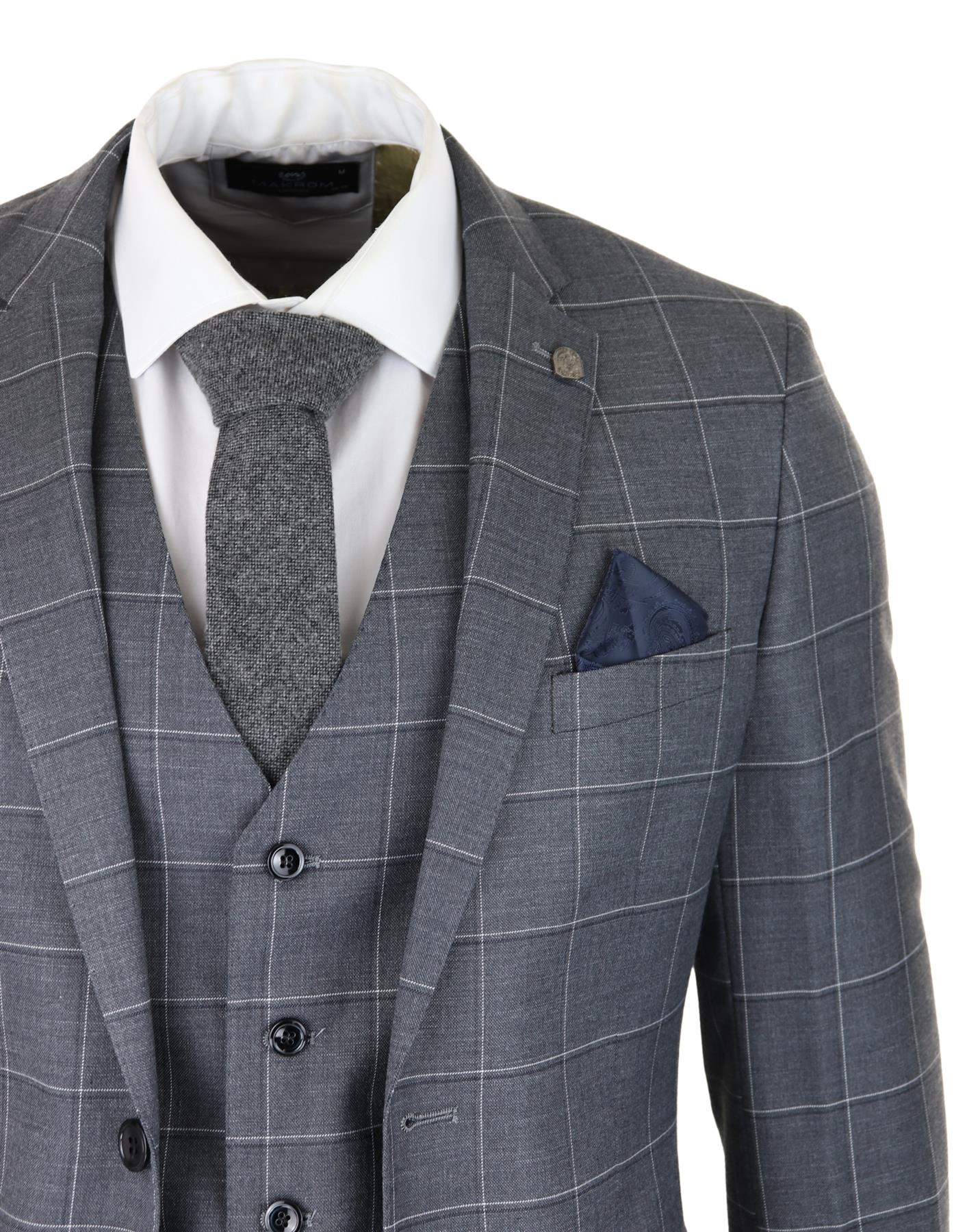 Mens Grey Suit 3 Piece Check Vintage Retro Smart Wedding Classic Tailored Fit