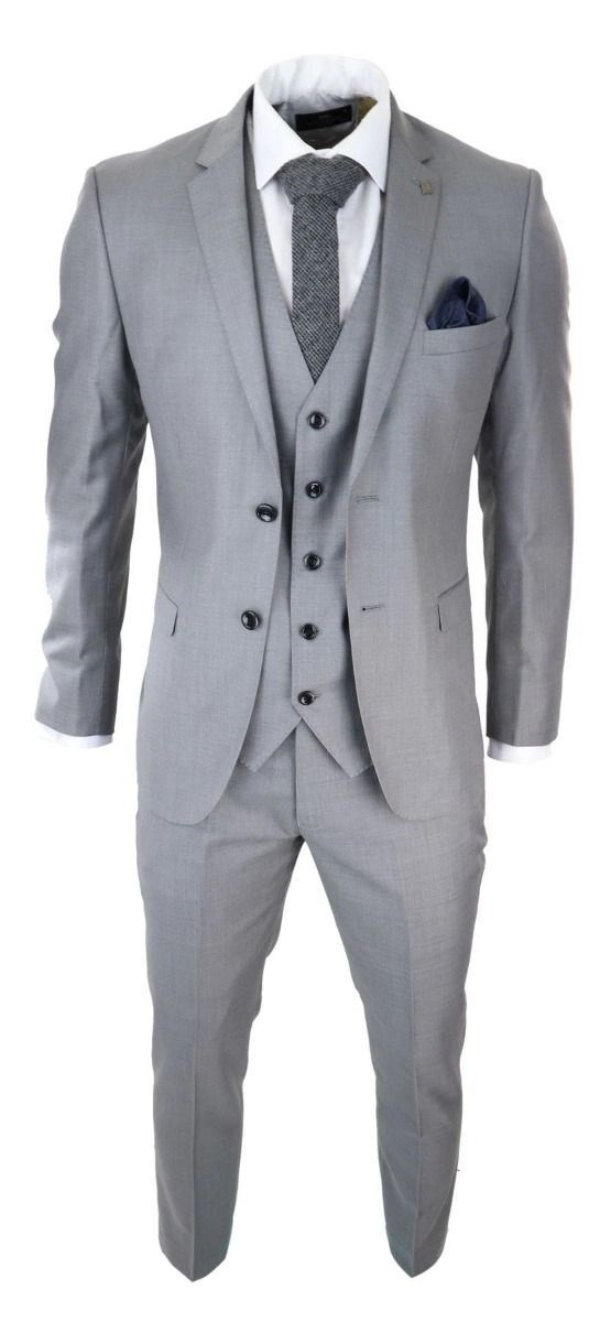 Mens 3 Piece Light Grey Classic Stitch Retro Suit