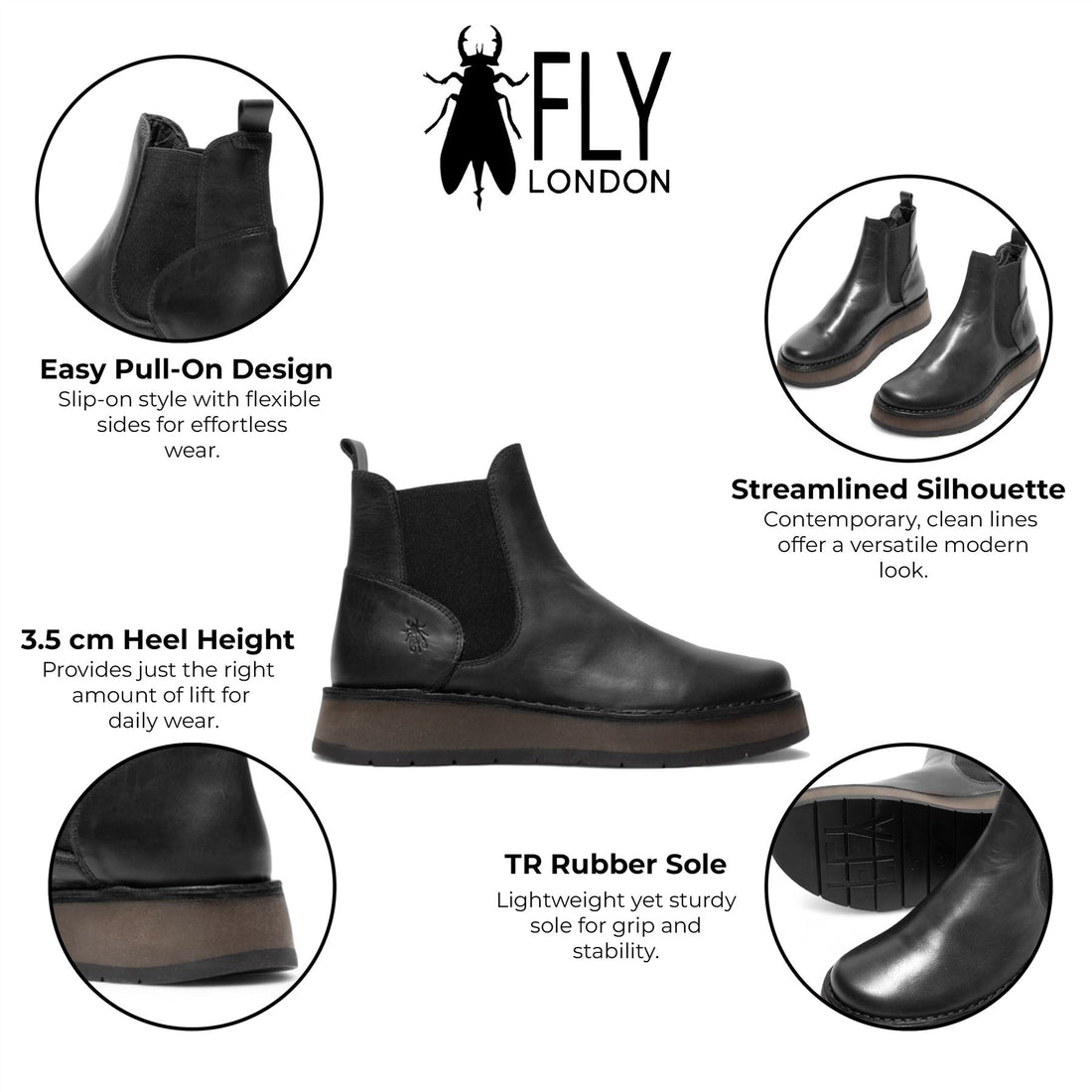 Fly London Womens Black RAWI131 Chelsea Leather Ankle Pull-On Classic Comfort Boots