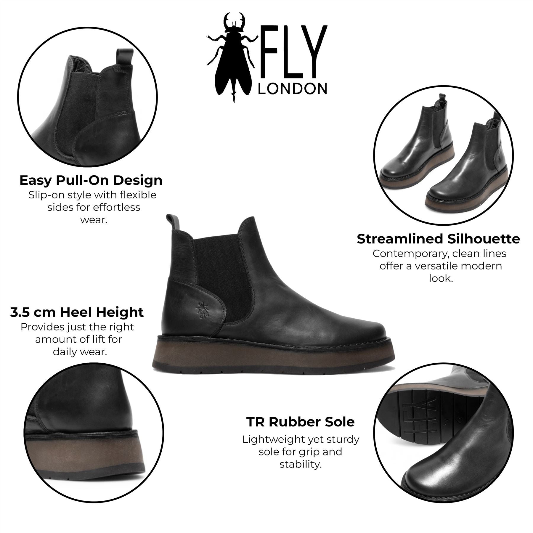 Fly London Womens Black RAWI131 Chelsea Leather Ankle Pull-On Classic Comfort Boots