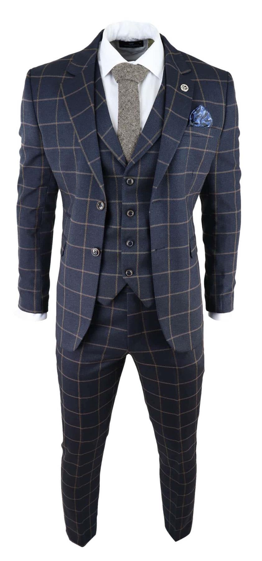 Mens Navy Blue Check 3 Piece Tweed Suit Peaky Blinders 1920s Gatsby Tailored Fit