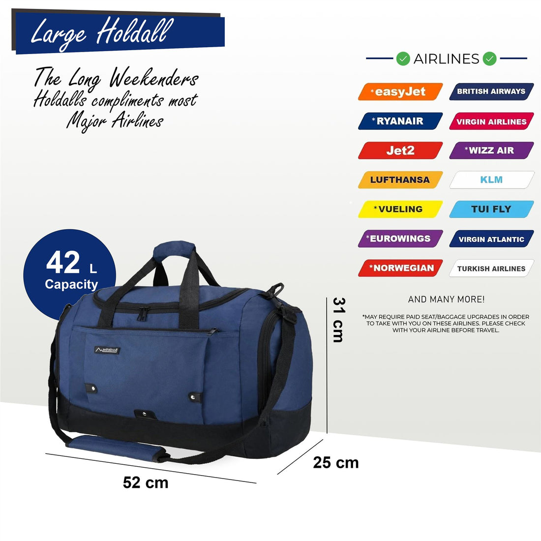 Large Duffel Weekend Holdall Carry-On Cabin Bag Gym Sports Travel Bag Navy