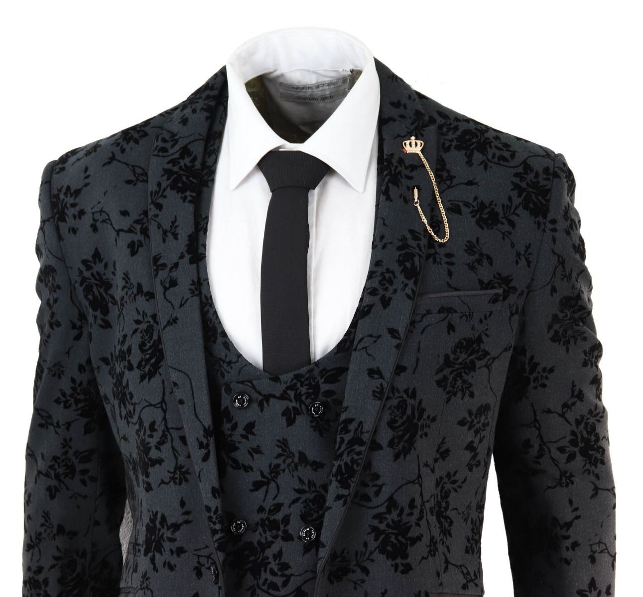 Mens 3 Piece Black Paisley Velvet Dinner Suit