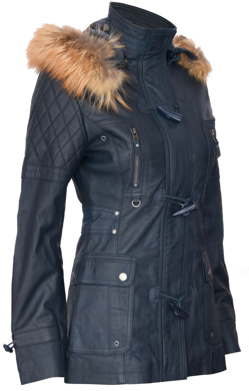 Womens Quilted Leather Hooded Parka Jacket-Northampton - Upperclass Fashions 