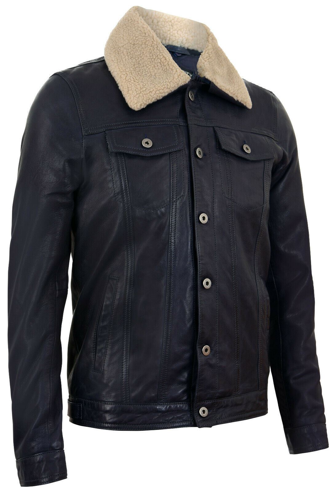 Mens Sheepskin Collar Trucker Leather Jacket-Darlington