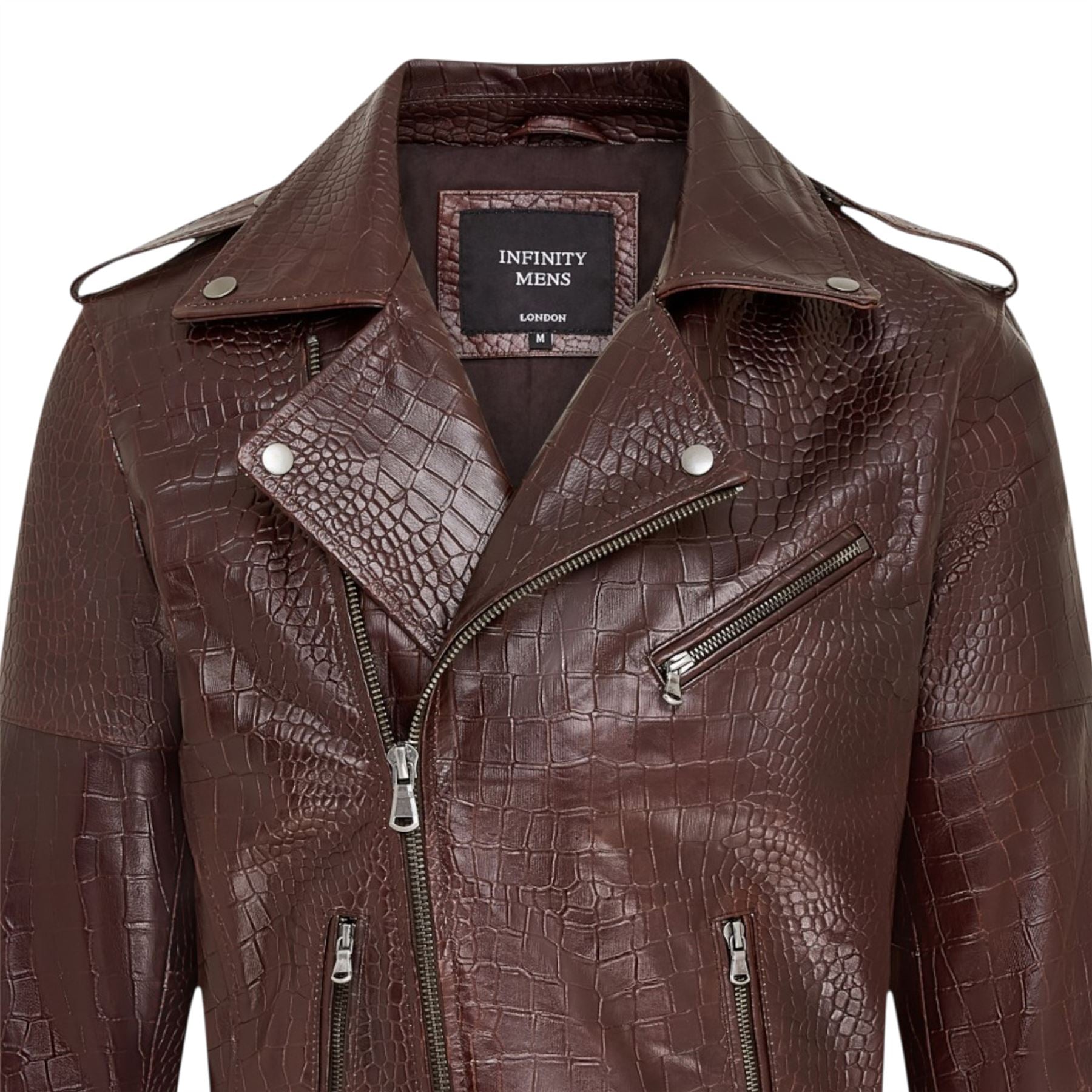 Mens Cow Leather Alligator Print Embossed Biker Jacket - Rot