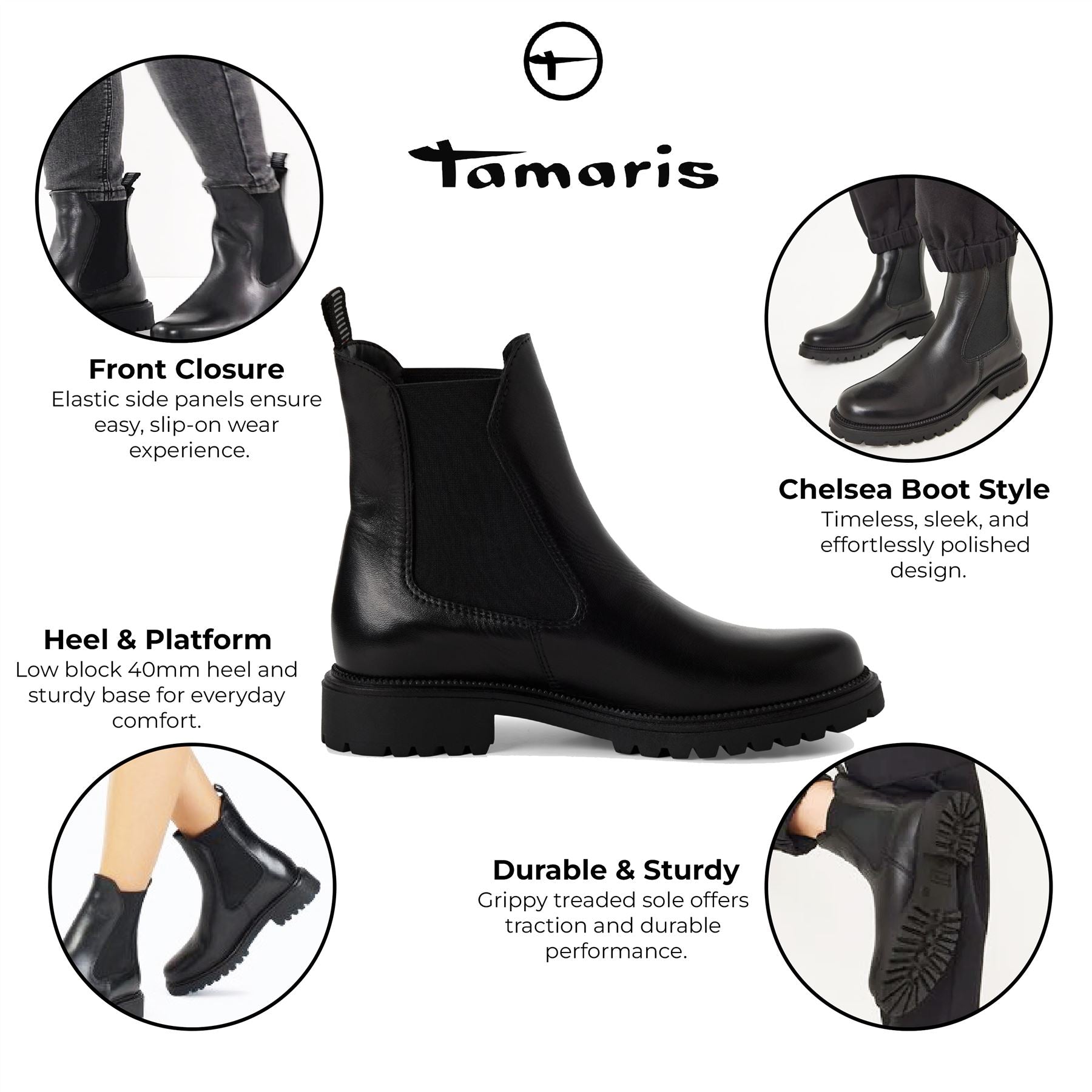 Tamaris Womens Black Leather Classic High Chelsea Ankle Boots