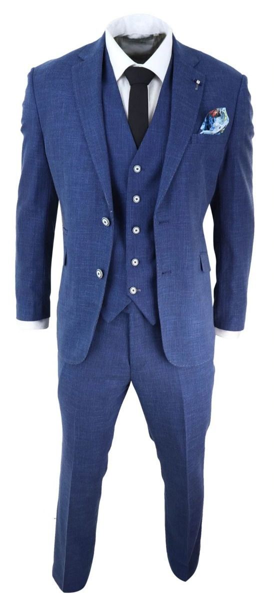 Mens 3 Piece Blue Linen Summer Spring Classic Suit