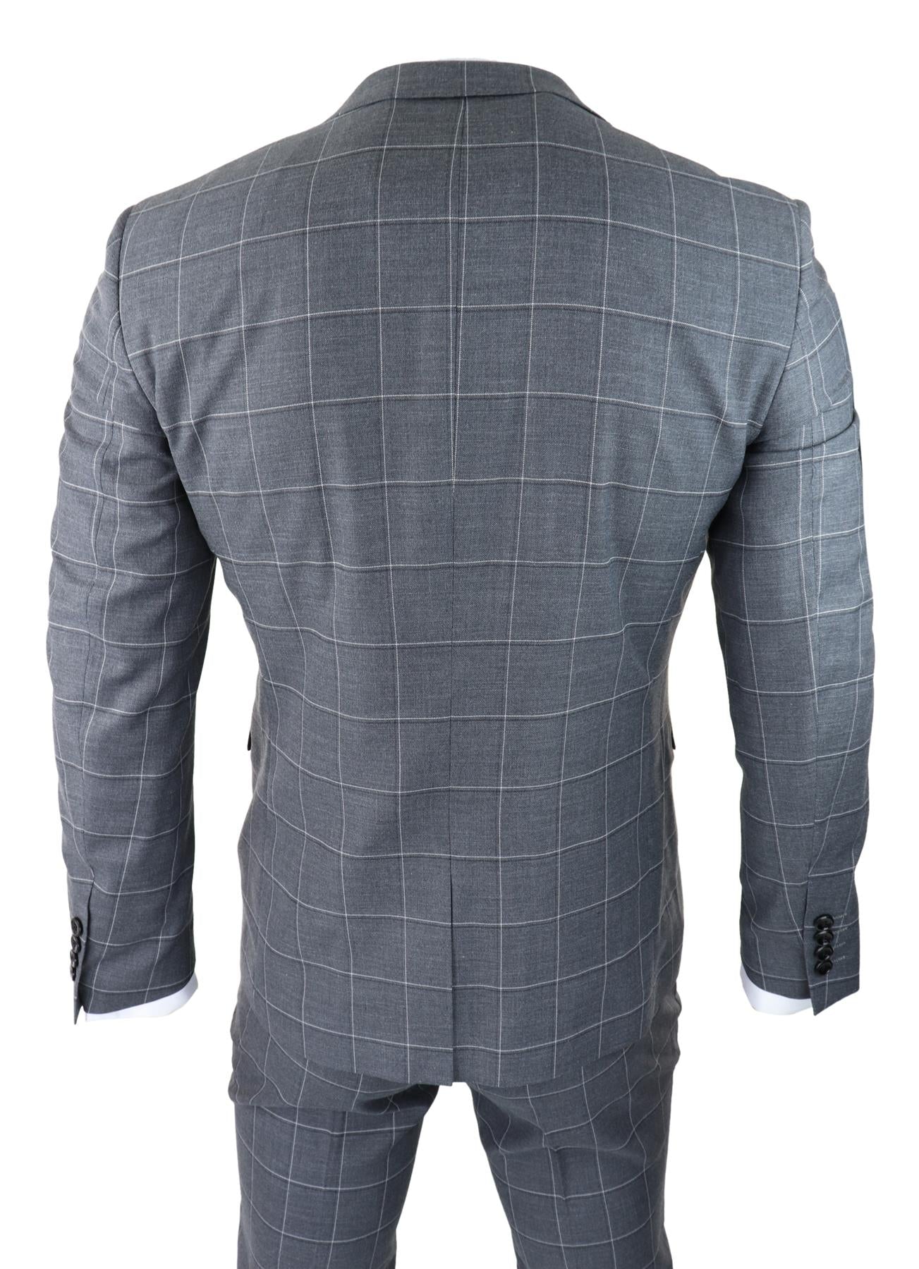 Mens Grey Suit 3 Piece Check Vintage Retro Smart Wedding Classic Tailored Fit