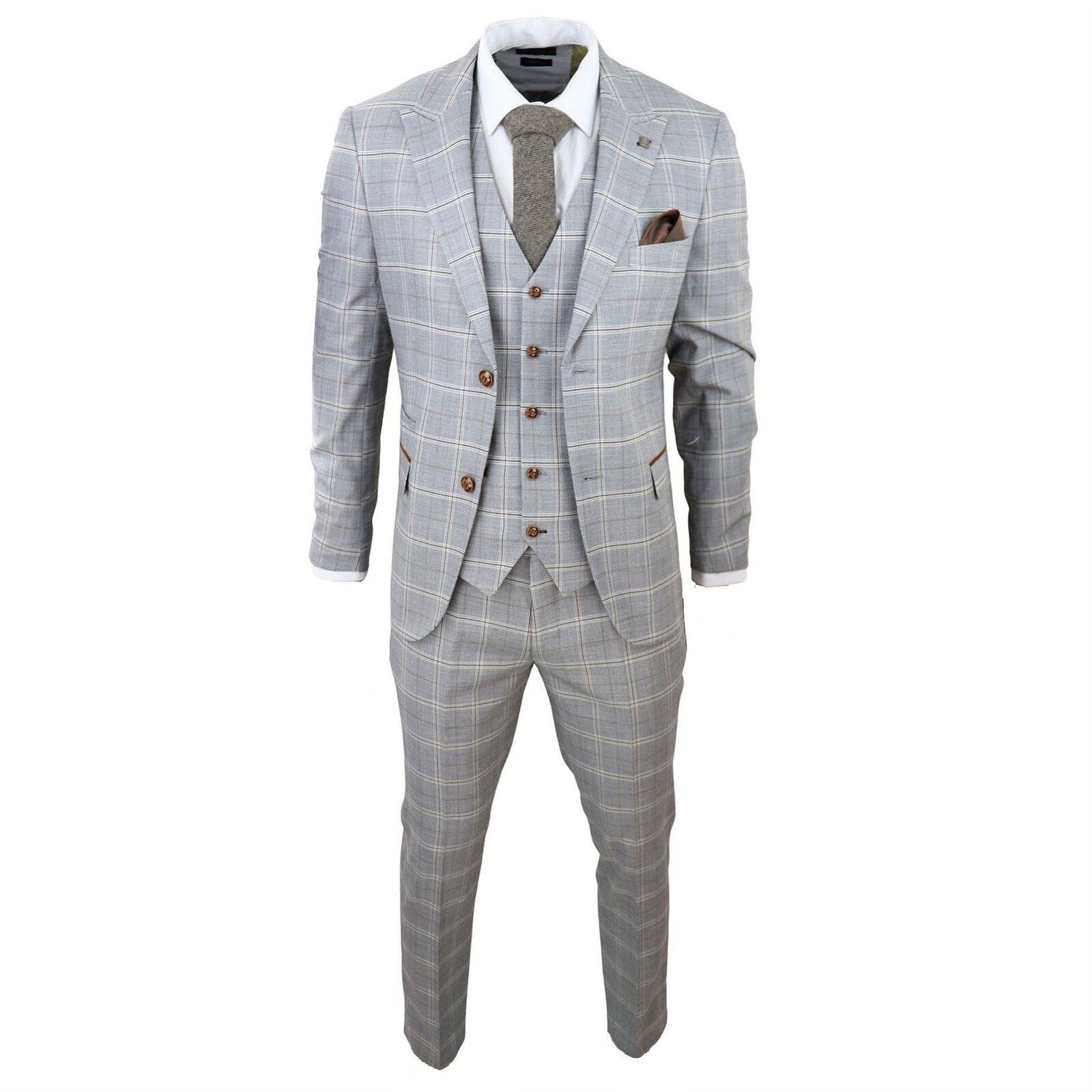 Mens Light Grey 3 Piece Velvet Trims Tailored Fit Suit