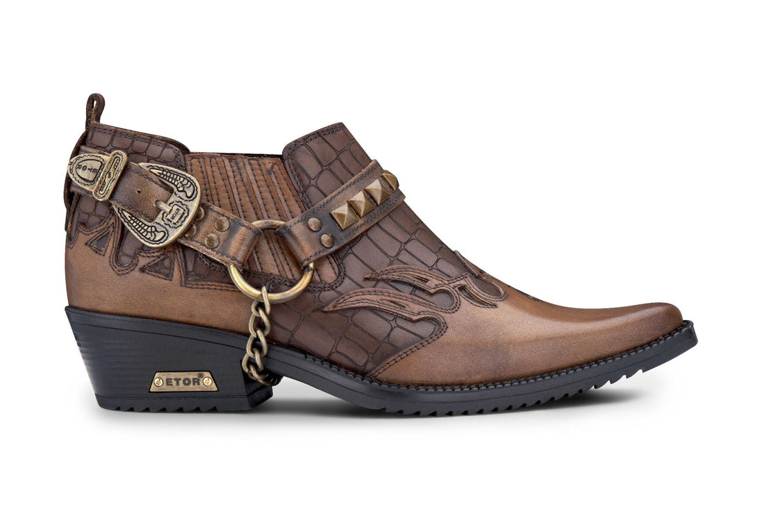Mens Tan Croc Leather Winklepicker Studded Western Biker Boots - Upperclass Fashions 