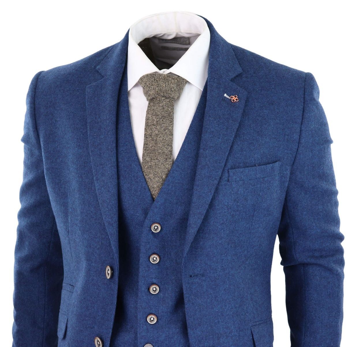 Mens 3 Piece Blue Tweed Wool Twill Vintage Classic Suit