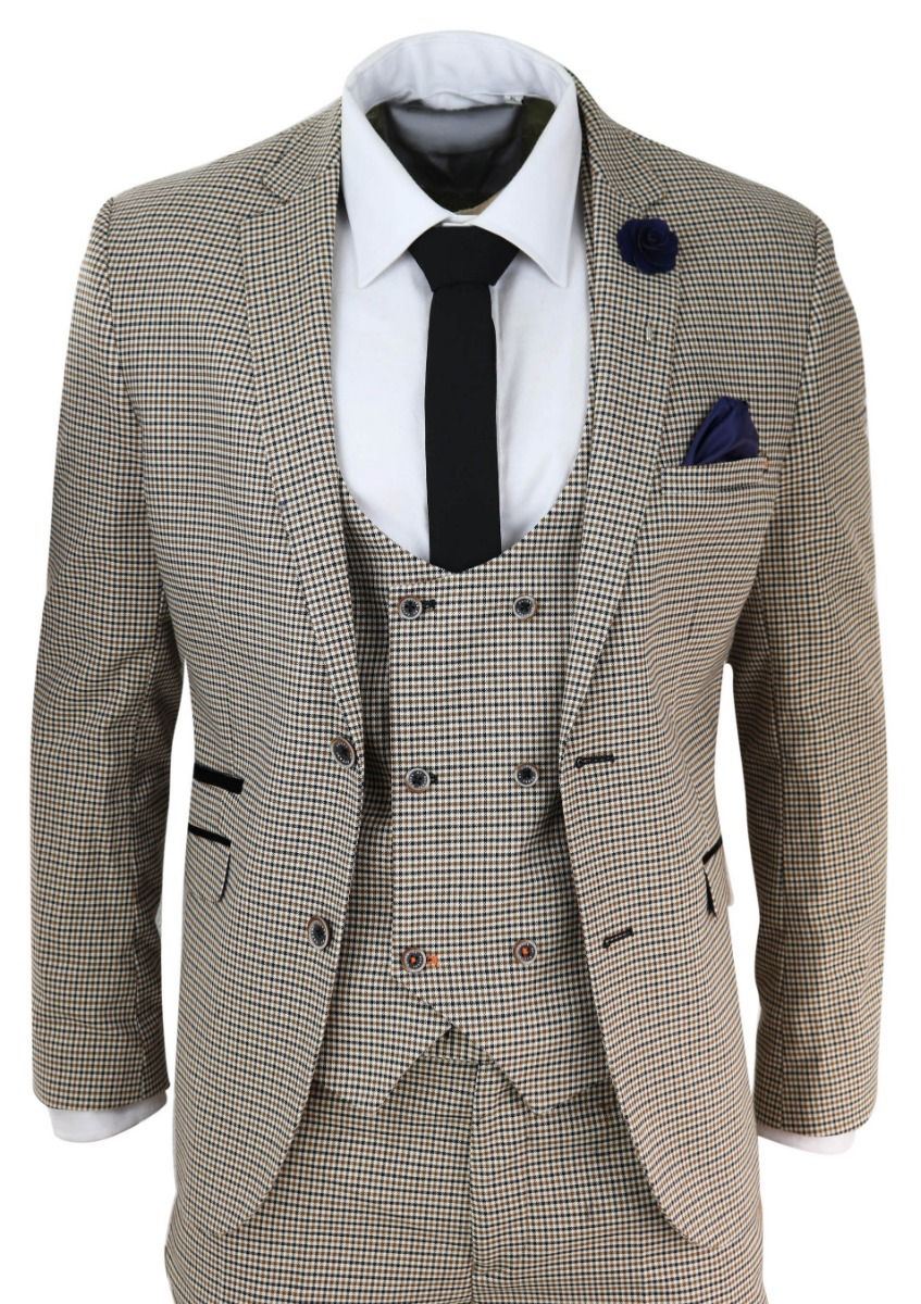 Mens 3 Piece Beige Check Retro Vintage Classic Suit