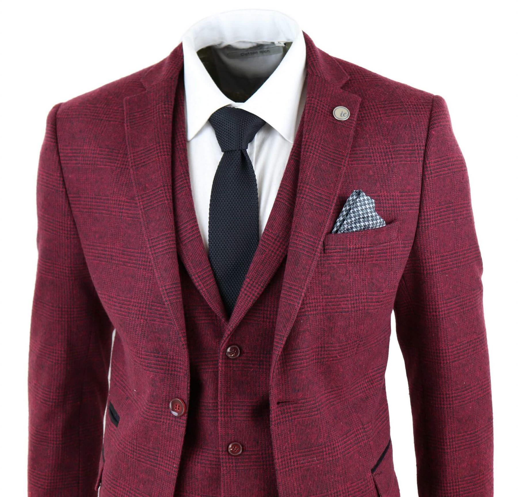 Mens 3 Piece Tweed Suit Wool Burgundy Black 1920s Authentic 1920s Blinders Suit Retro Classic