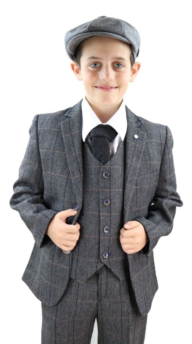 Boys 3 Piece Charcoal Grey Herringbone Tweed Check Classic Suit