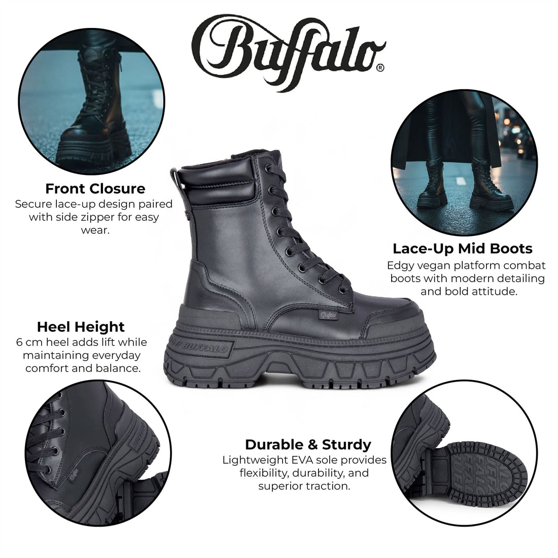 Buffalo Womens Black Chunky Platform Lace Up Mid High Combat Boots - Fusion