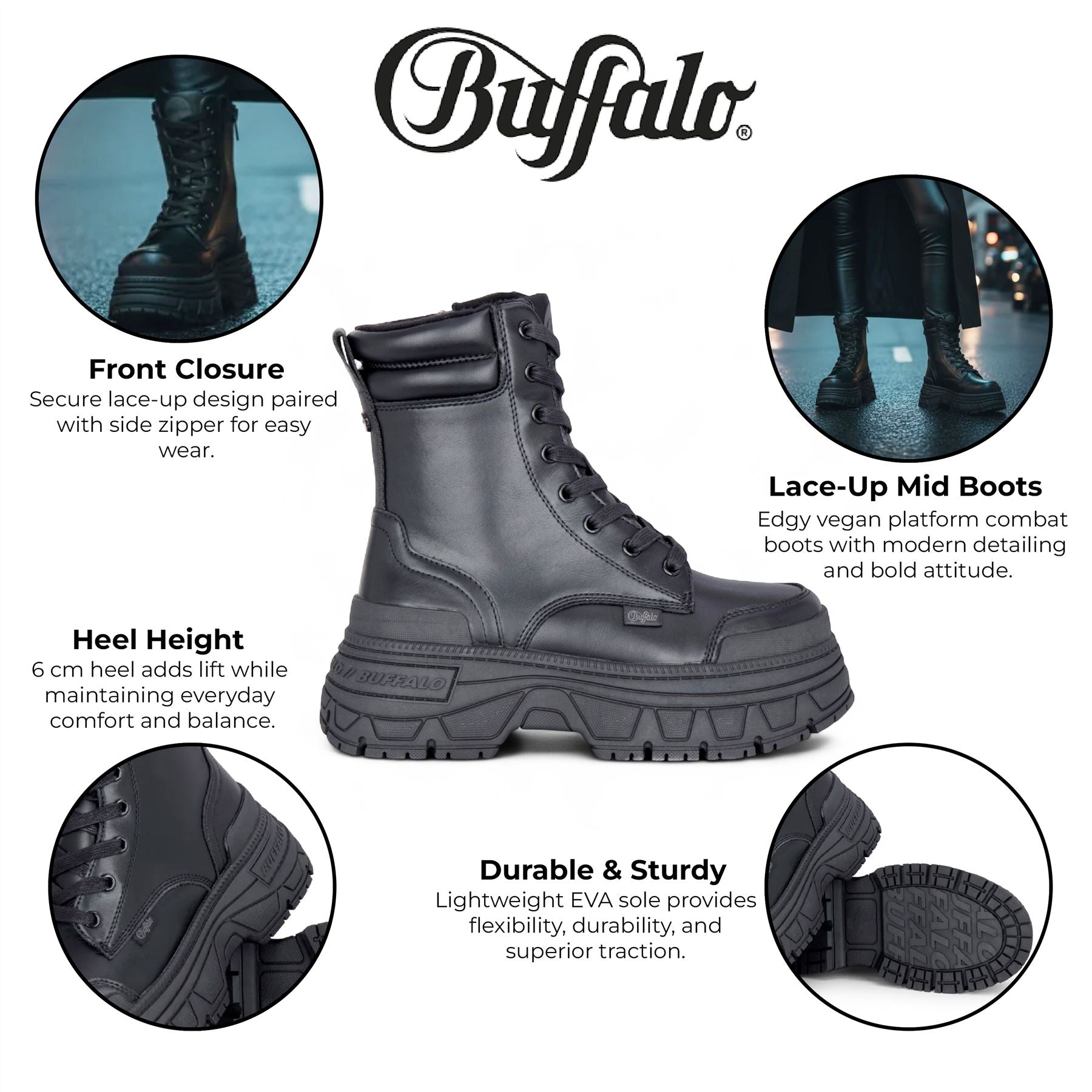 Buffalo Womens Black Chunky Platform Lace Up Mid High Combat Boots - Fusion