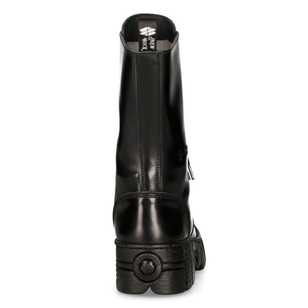 New Rock Black Leather Mid-Calf Tower Biker Boots-M-WALL127N-C1