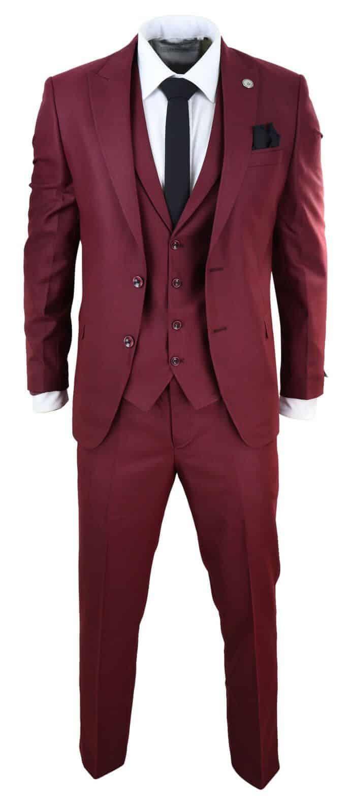 New Mens 3 Piece Suit Plain wine Classic Tailored Fit Smart Casual 1920s Formal