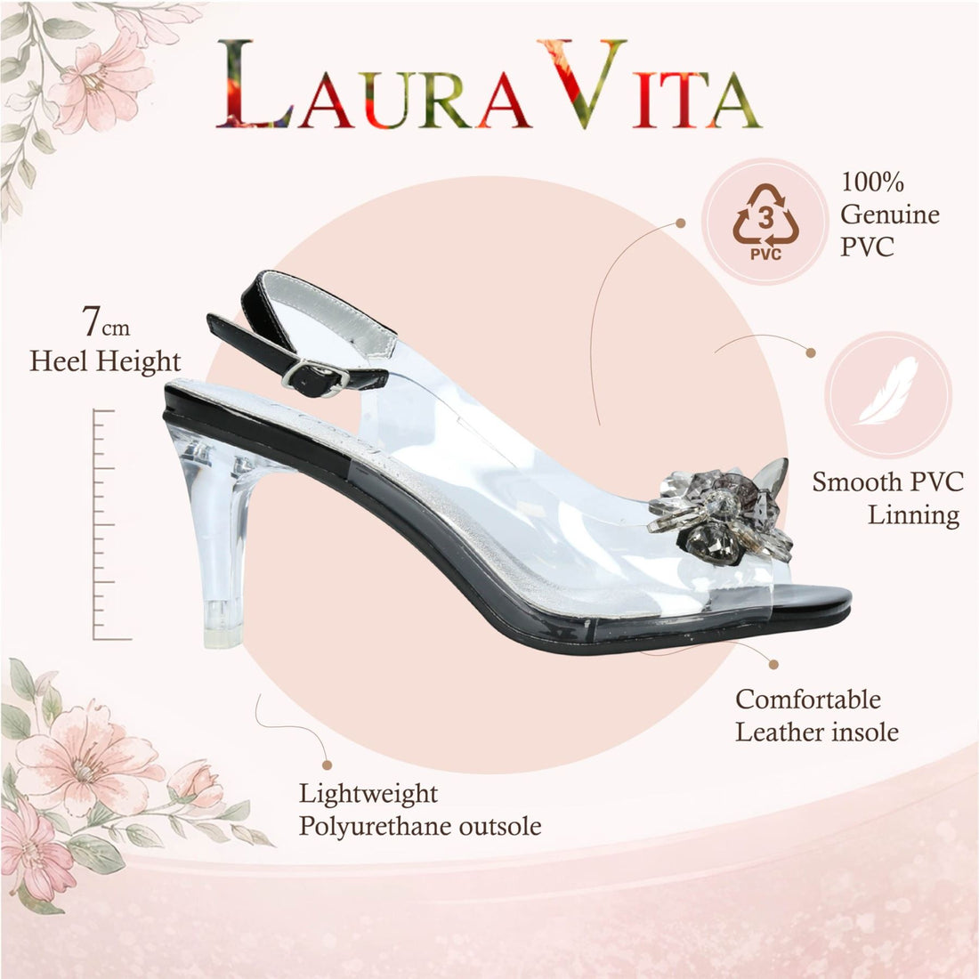 Laura Vita Women’s Mira 01 Clear Black Slip-On Cinderella Heel Sandals
