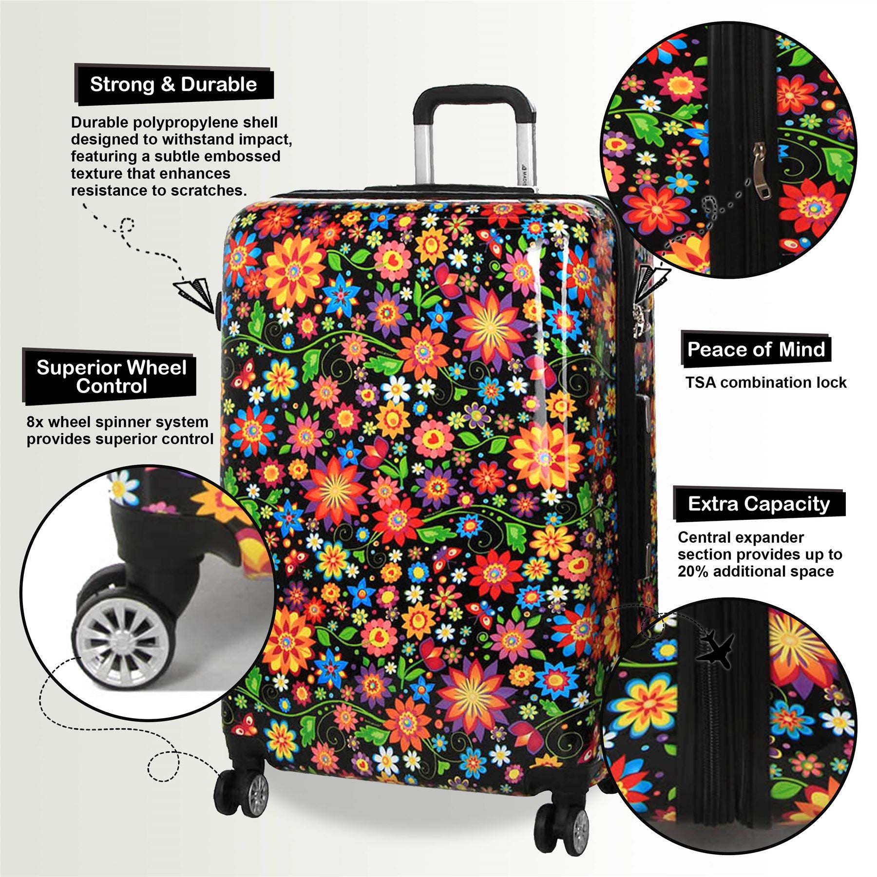 Ballina Set of 3 Hard Shell Suitcase in Black Flower