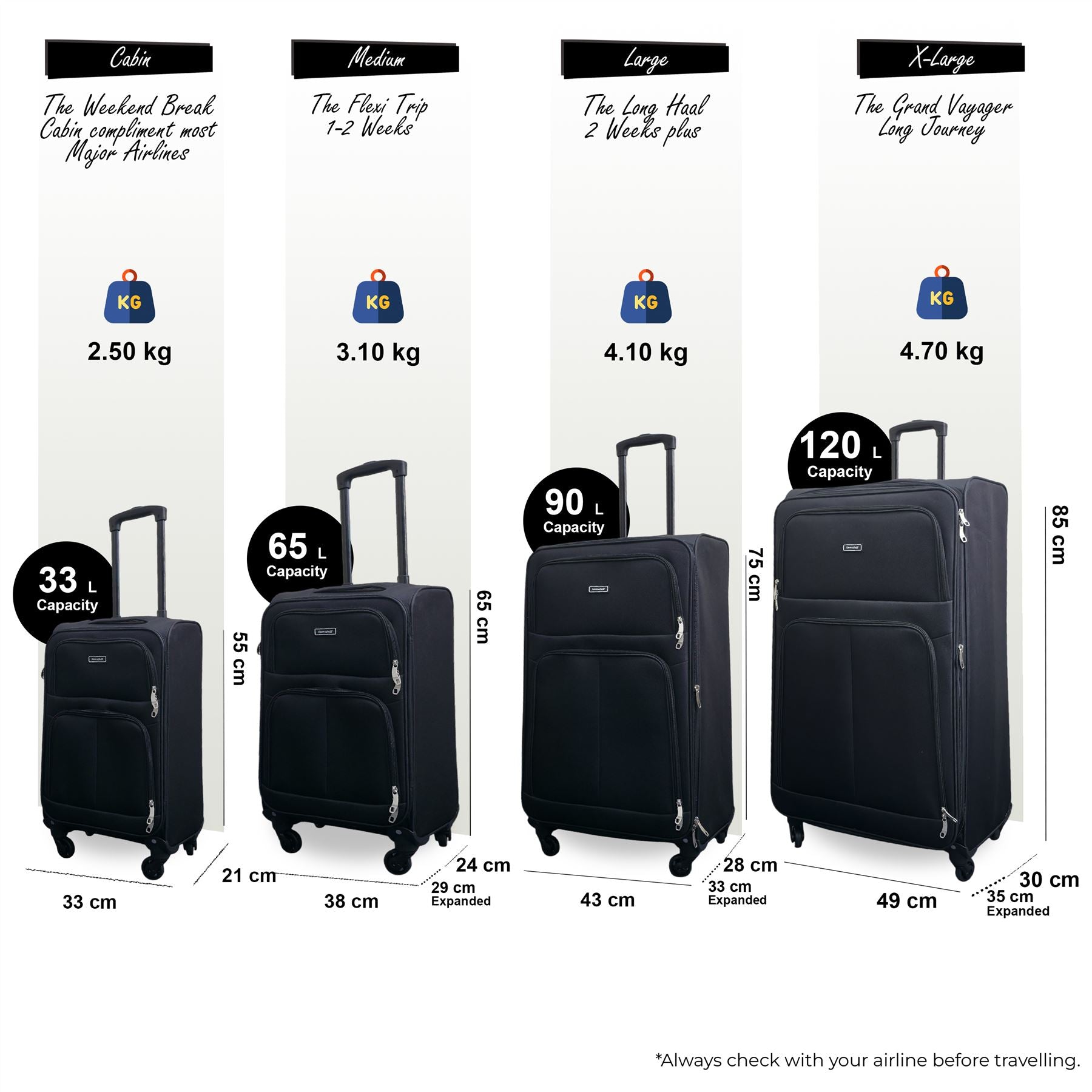 Tahara Set of 4 Soft Shell Suitcase in Black