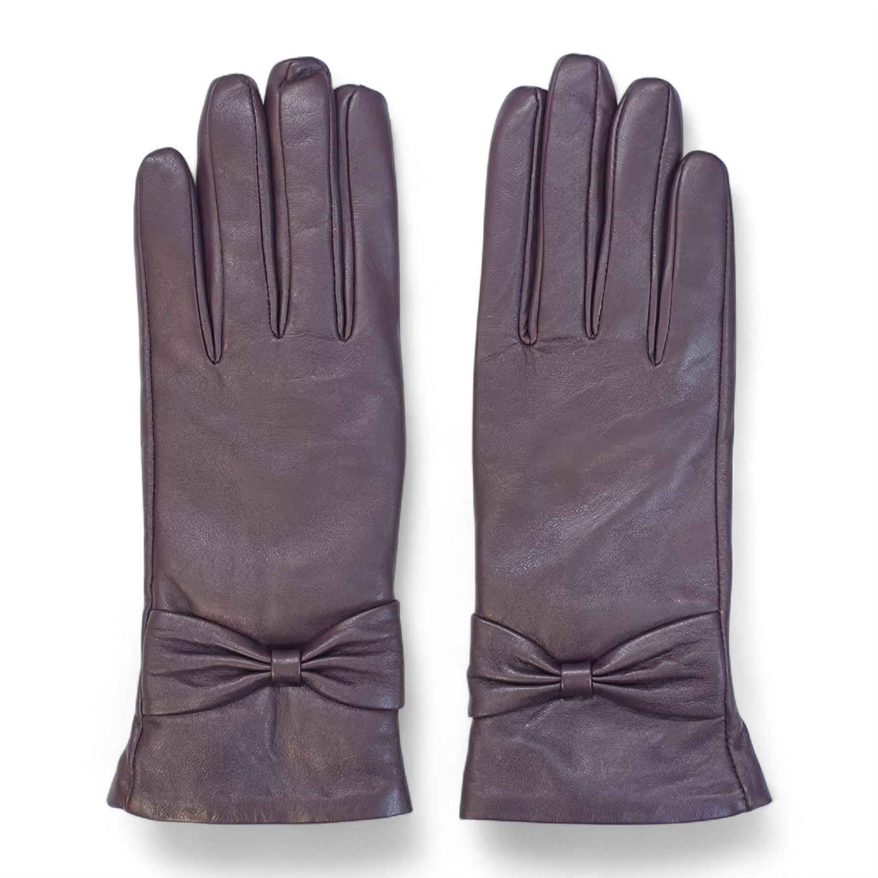 Womens Italian Leather Winter Bow Design Soft Wool Lining Gloves - L-GLV-401