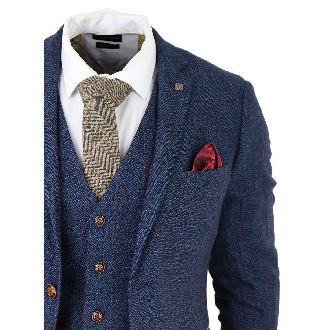 Mens Blue Tweed Check 3-Piece Suit
