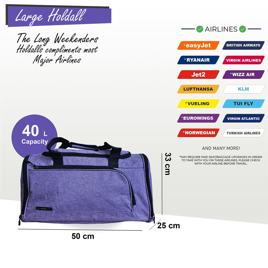 Large Duffel Weekend Holdall Carry-On Cabin Bag Gym Sports Travel Bag Lilac