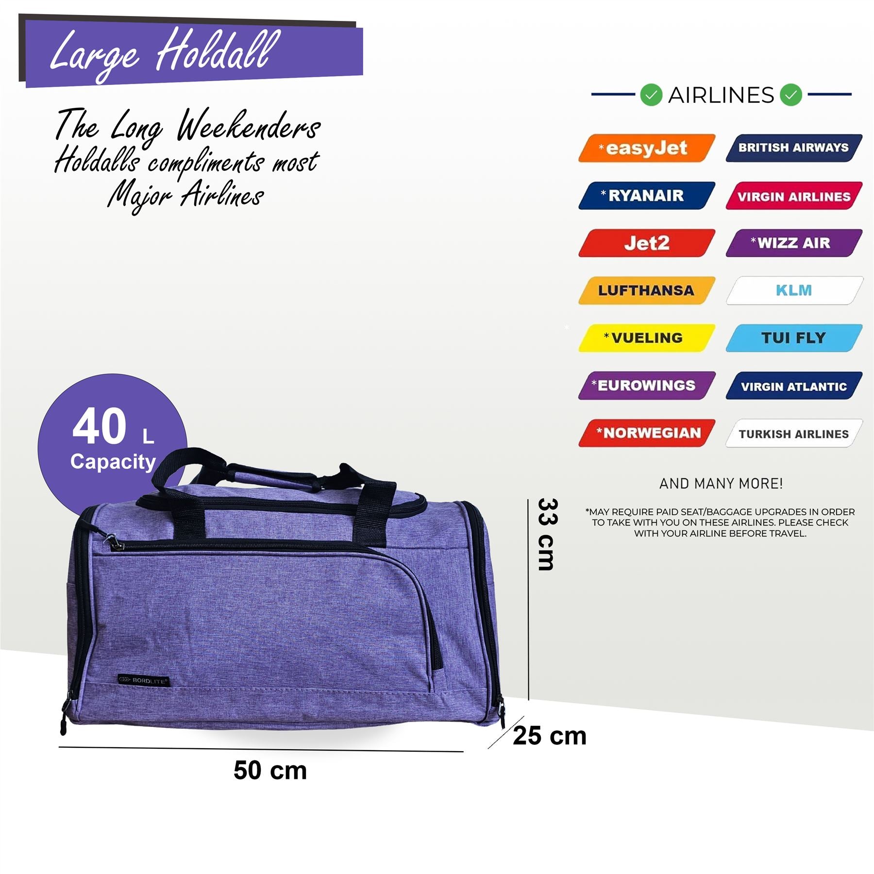 Large Duffel Weekend Holdall Carry-On Cabin Bag Gym Sports Travel Bag Lilac