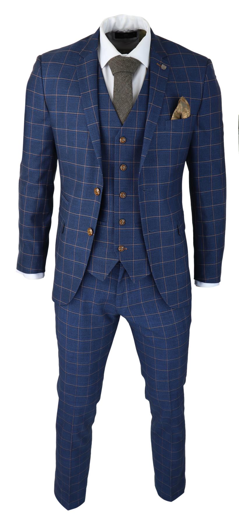 Mens 3 Piece Suit Blue Gold Check Peaky Blinders 1920 Gatsby Smart Vintage Suit
